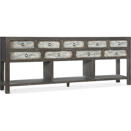 Beaumont Console by Hooker Furniture in french press. Made from hardwoods in a rustic style.