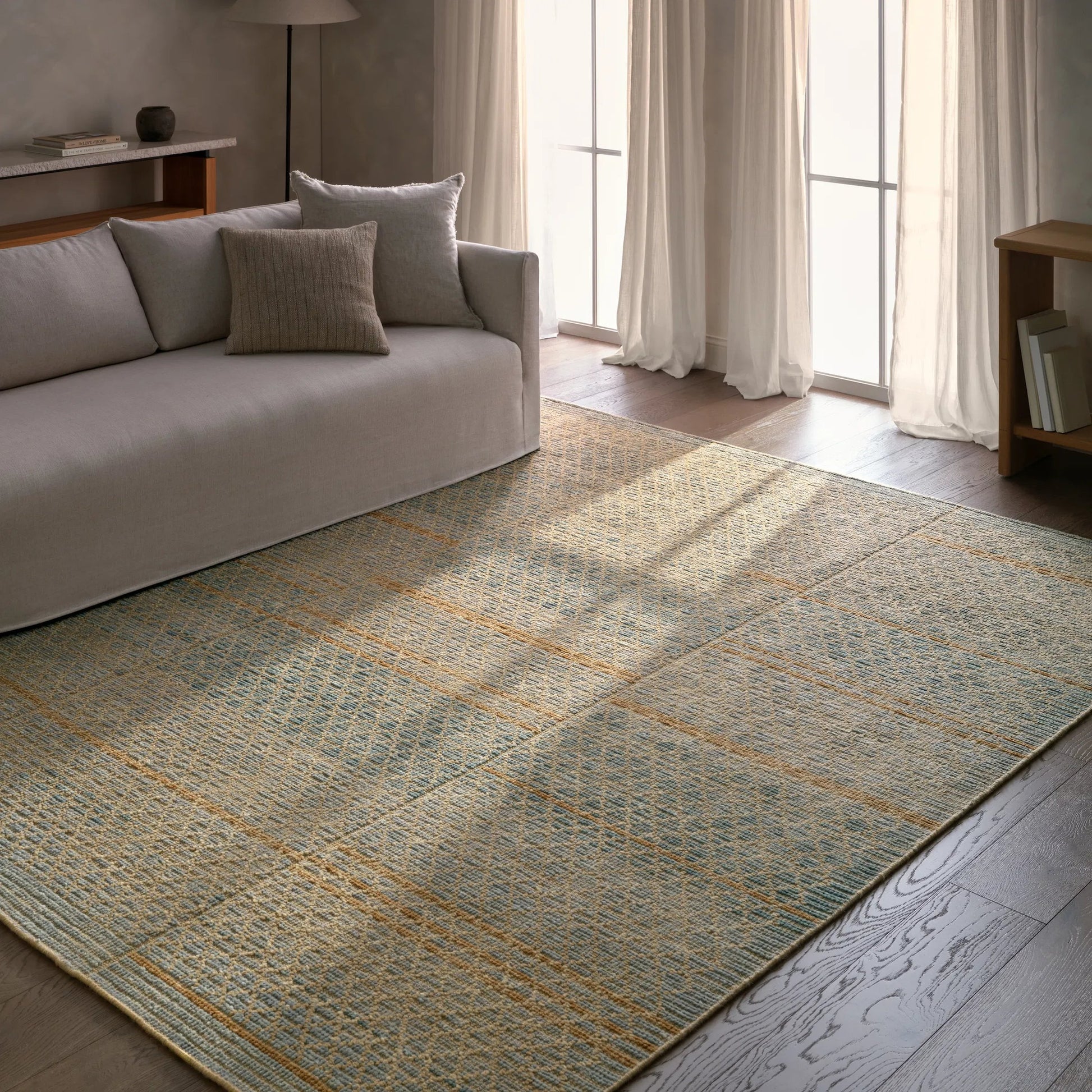 Bezem BEZ08 Rug by Jaipur Living in blue, tan, beige. Made from 100% wool in a unique style.