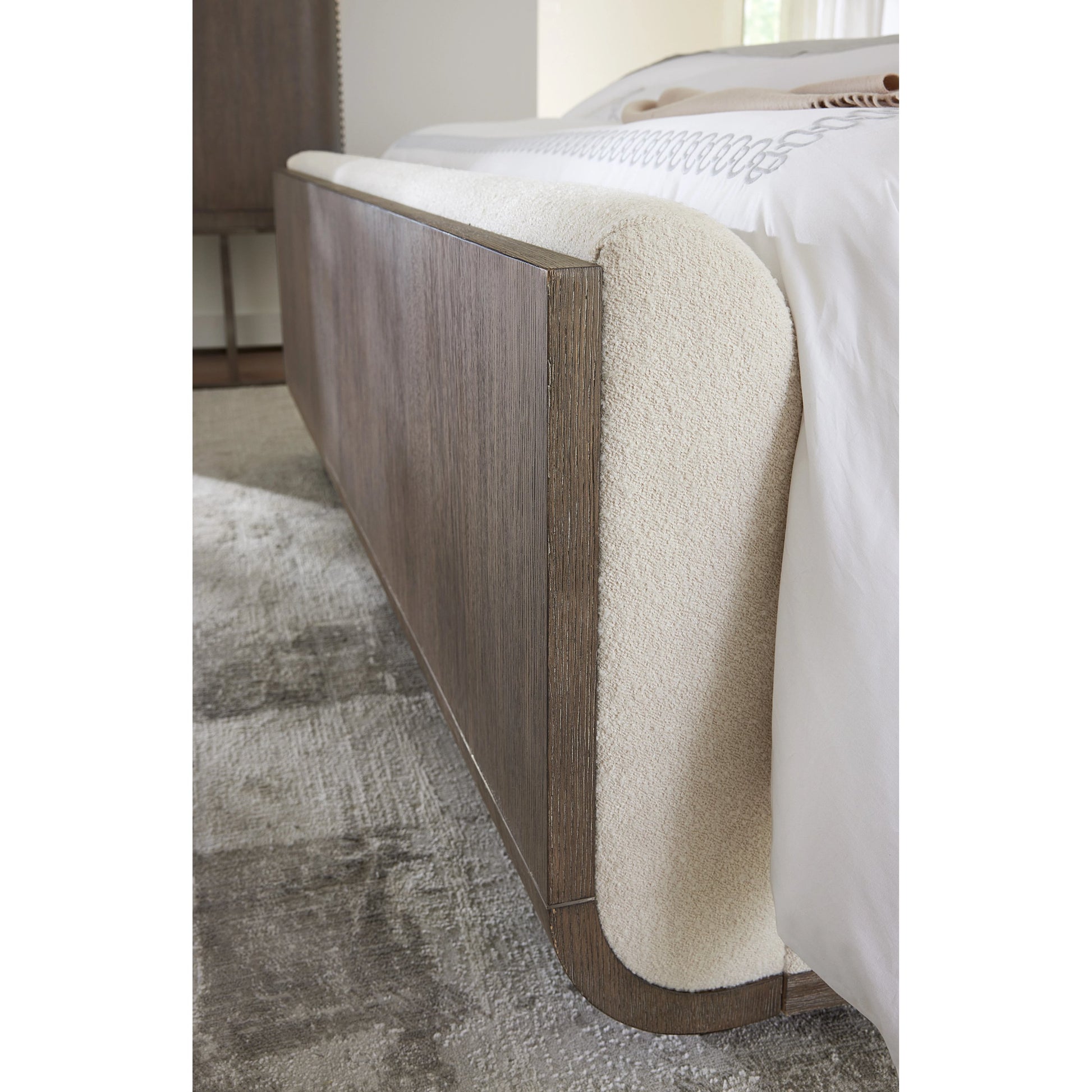 Modern Mood Upholstered Panel Bed by Hooker Furniture in inverness natural. Made from oak veneers, fabric, metal in a modern style.