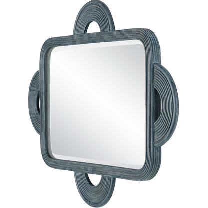 Santos Rectangular Mirror by Currey and Company in navy. Made from rattan, mahogany, glass in a modern style.