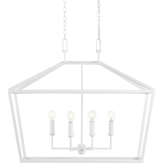 Denison Rectangular Chandelier by Currey and Company in gesso white. Made from wrought iron in a modern style.
