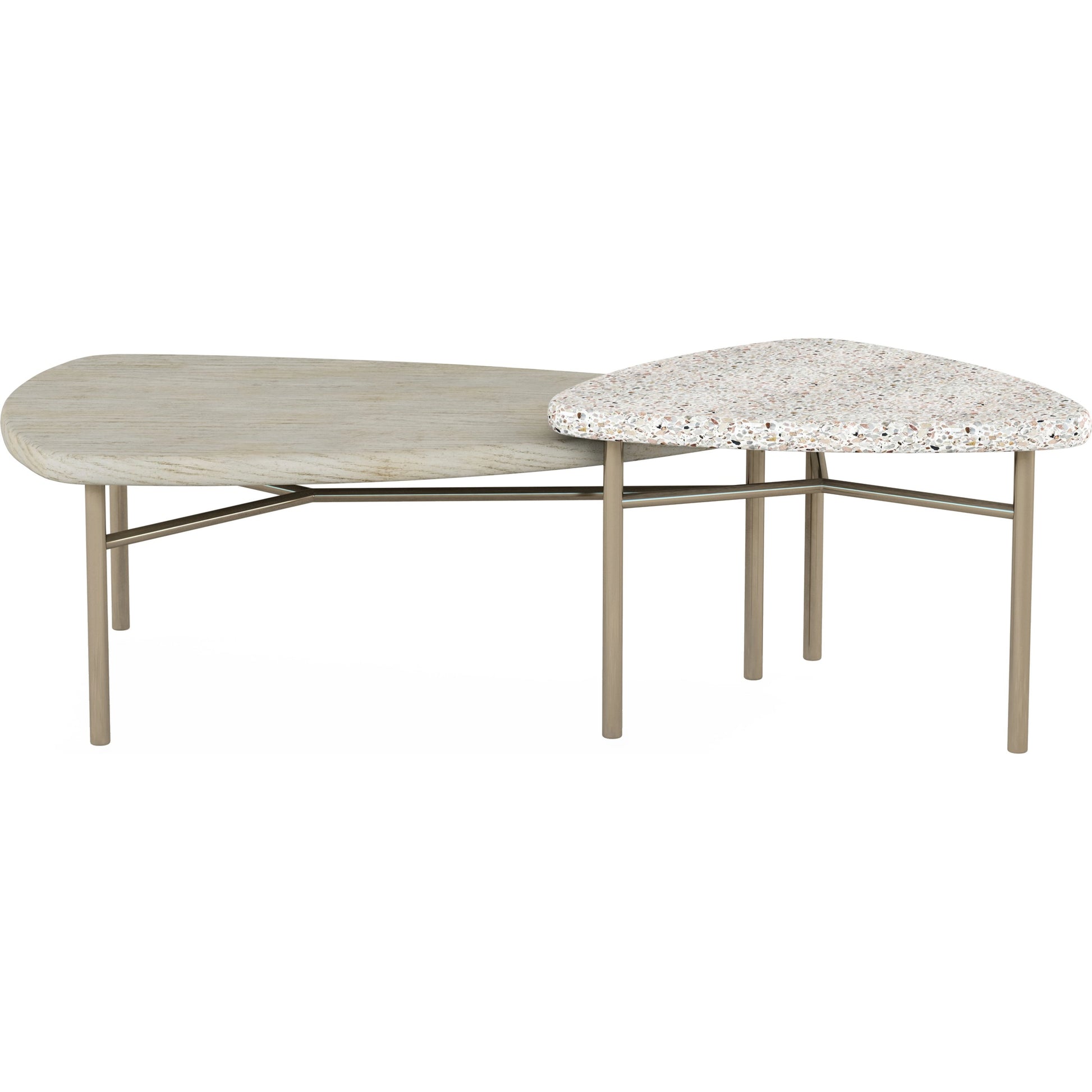Cotiere 2 Piece Bunching Cocktail Tables by A.R.T. Furniture in beige. Made from parawood solids, mixed split cathedral quarter-white oak veneer, terrazzo stone, metal in a modern style.