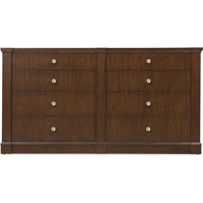 Archives Eight-Drawer Dresser by Hooker Furniture in dark wood and classic walnut. Made from figured walnut veneer, oak veneer, cedar, jewelry tray in a traditional style.