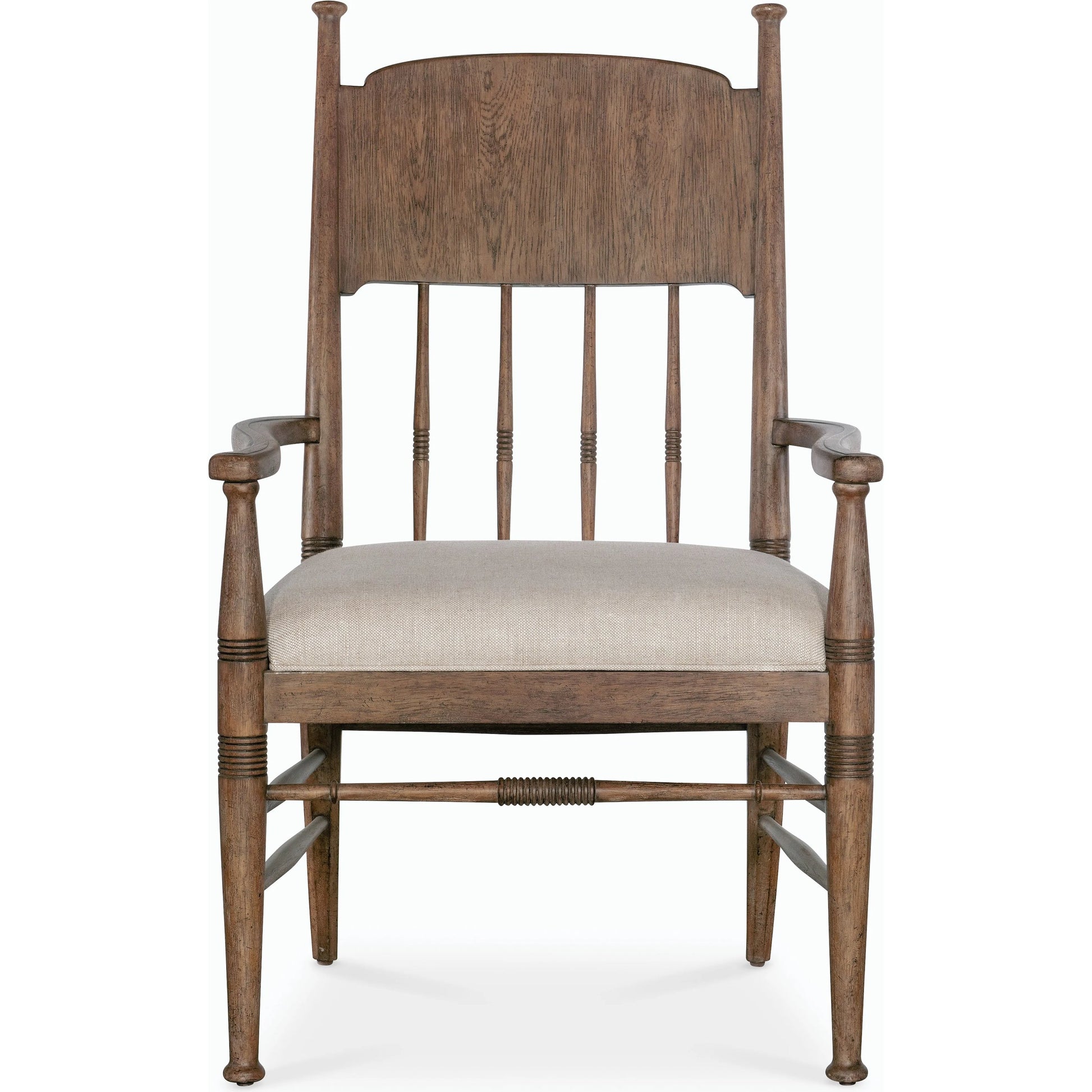 Americana Upholstered Seat Arm Chair by Hooker Furniture in beige. Made from oak veneers and fabric in a cottage & farmhouse style.