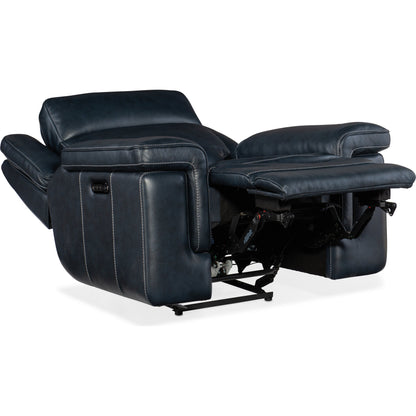 Montel Lay Flat Power Recliner by Hooker Furniture in cosmos cobalt. Made from leather in a traditional style.