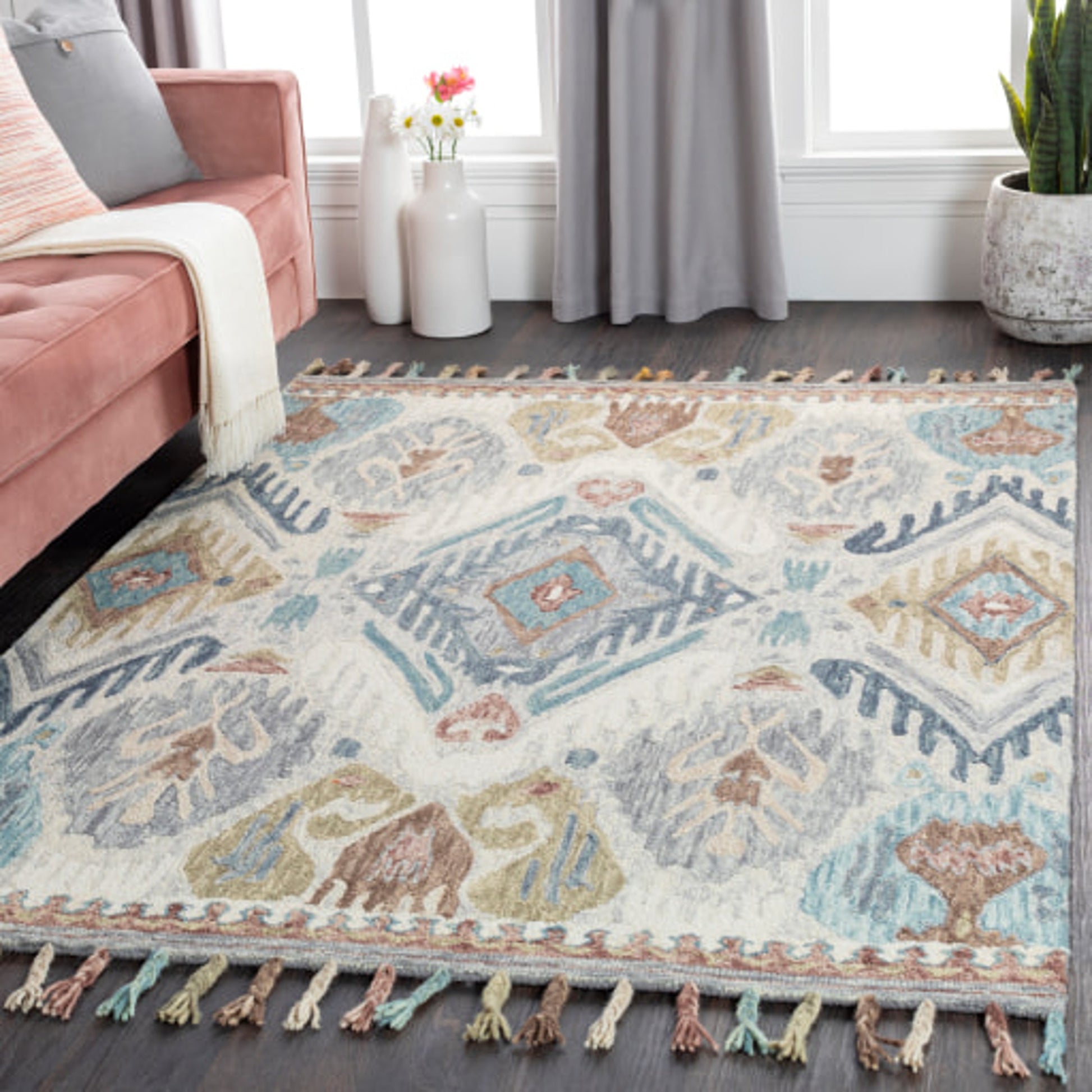Bonifate Rug - 23117 by Surya in teal, light pink, rose, light beige, burnt orange. Made from 100% wool in a unique style.