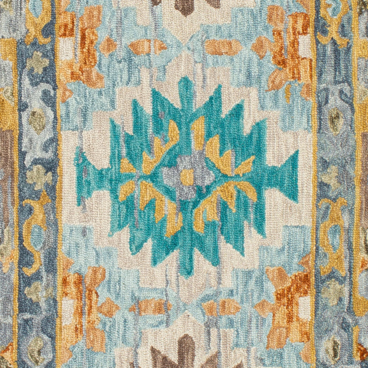 005 102195-40237 | Closeup | Bonifate Rug - 23121 by Surya in teal, mustard, slate, light slate, charcoal, ice blue. Made from 100% wool in a unique style.