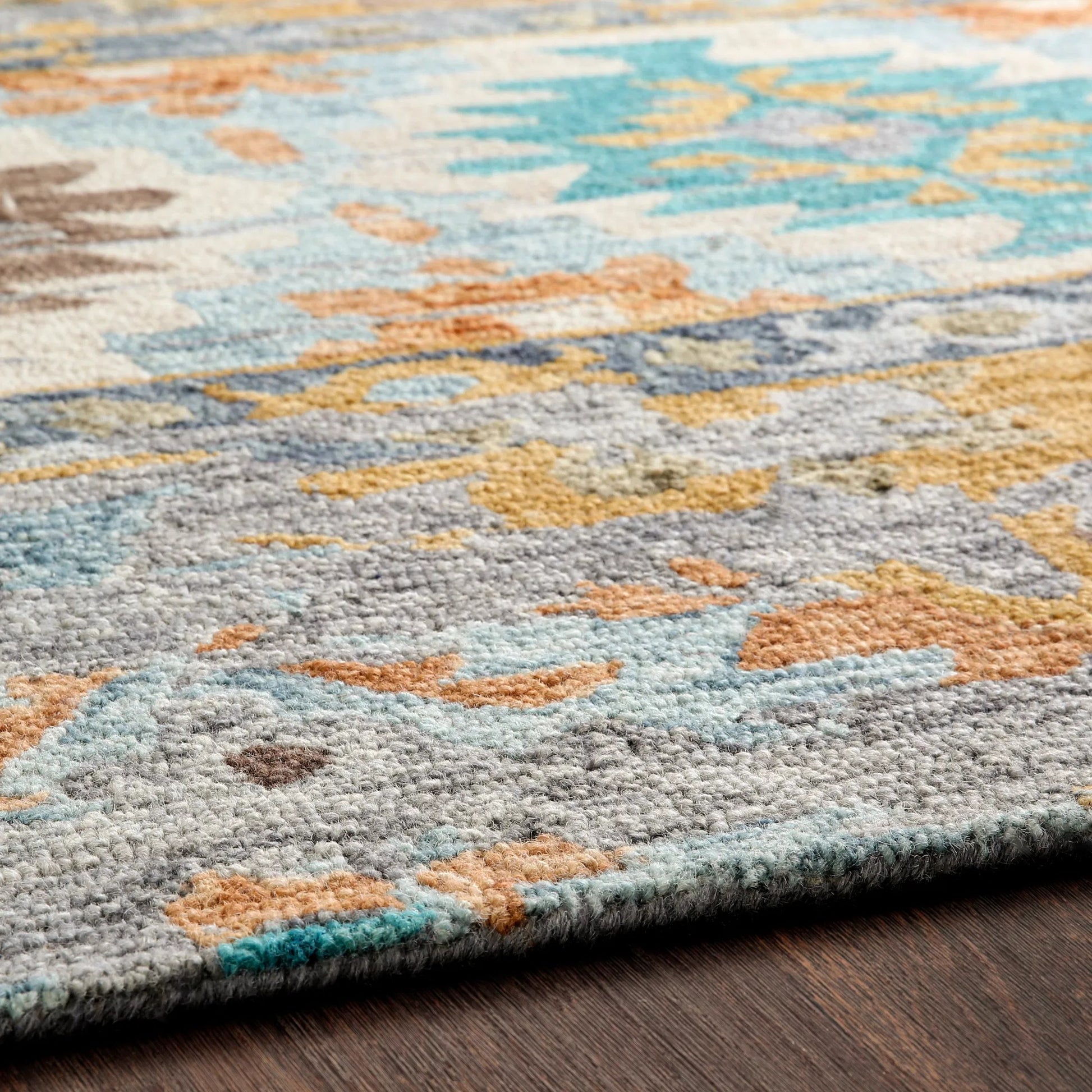 Bonifate Rug - 23121 by Surya in teal, mustard, slate, light slate, charcoal, ice blue. Made from 100% wool in a unique style.