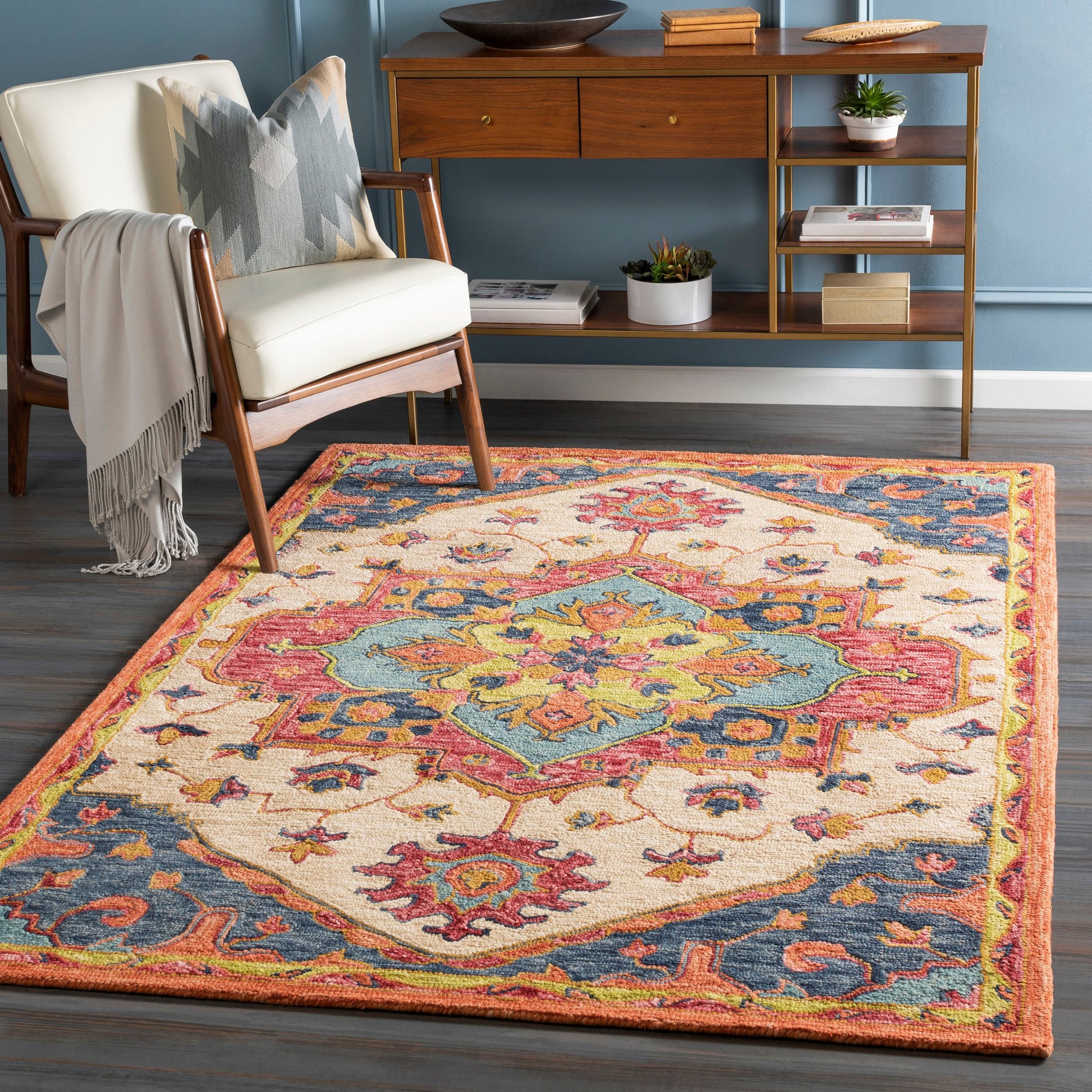 Bonifate Rug - 23266 by Surya in dark blue, blue, rust, mustard, light olive. Made from 100% wool in a unique style.