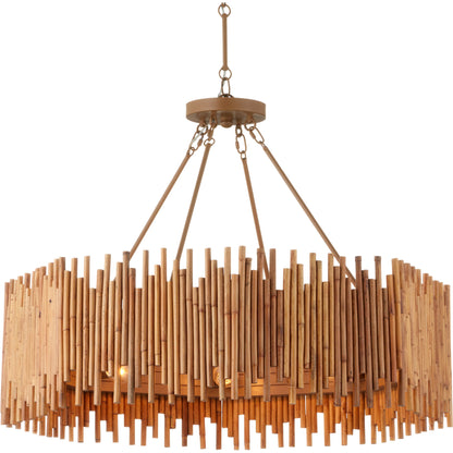 Teahouse Chandelier by Currey and Company in natural, khaki. Made from rattan, wrought iron in a modern style.