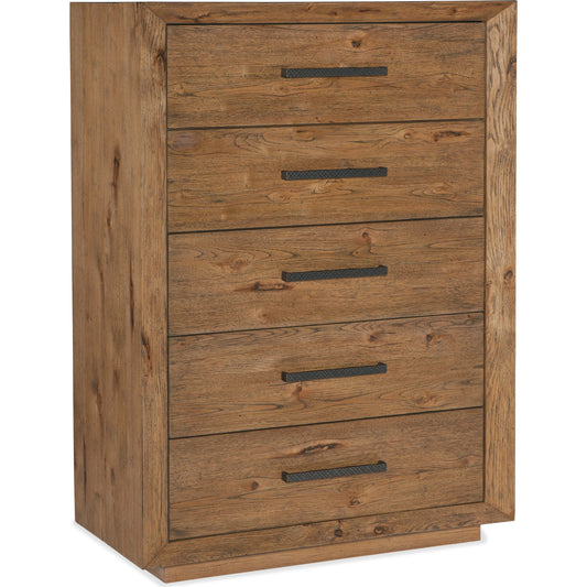 Big Sky Five Drawer Chest by Hooker Furniture in vintage natural. Made from pecky hickory veneers, cedar, solid-wood edged top in a modern style.