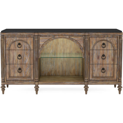 Architrave Server by A.R.T. Furniture in almond. Made from pine solids and veneer, glass, granite, metal in a traditional style.