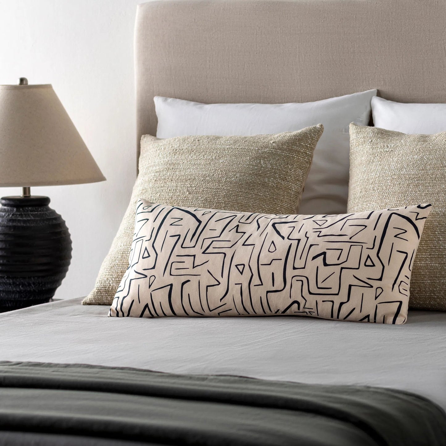 004 SI-1878028,SI-1878029 | Lifestyle | Bogolani Pillow - 23751 by Livabliss in cream, black. Made from 100% cotton in a eclectic & global style.