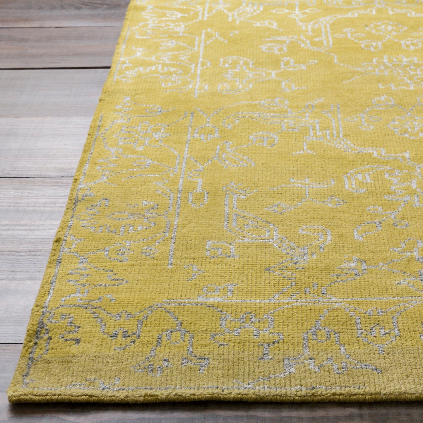 001 56161-23361,56161-23362 | Closeup | Bagras BGR-6002 Rug by Surya in olive, slate. Made from 50% bamboo, 20% cotton, 30% wool in a unique style.