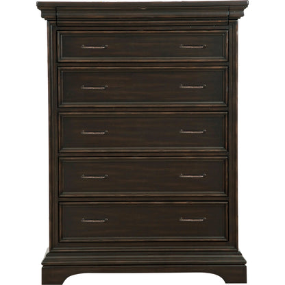 Caldwell-Drawer Chest by Pulaski Furniture in deep brown. Made from acacia veneers, asian hardwood in a traditional style.