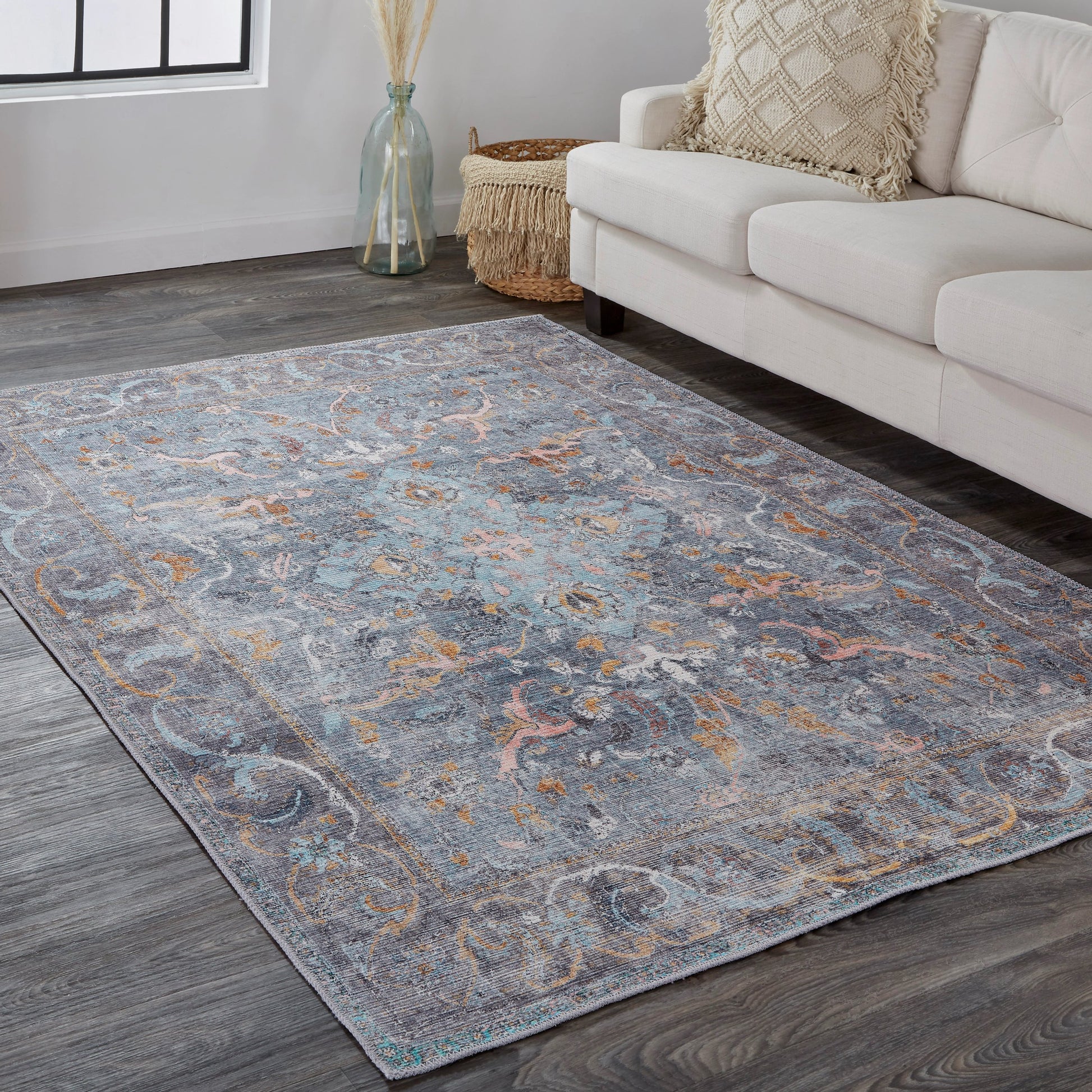 Percy Transitional Rug - 39AFF by Feizy in blue, gray, orange. Made from polyester in a unique style.