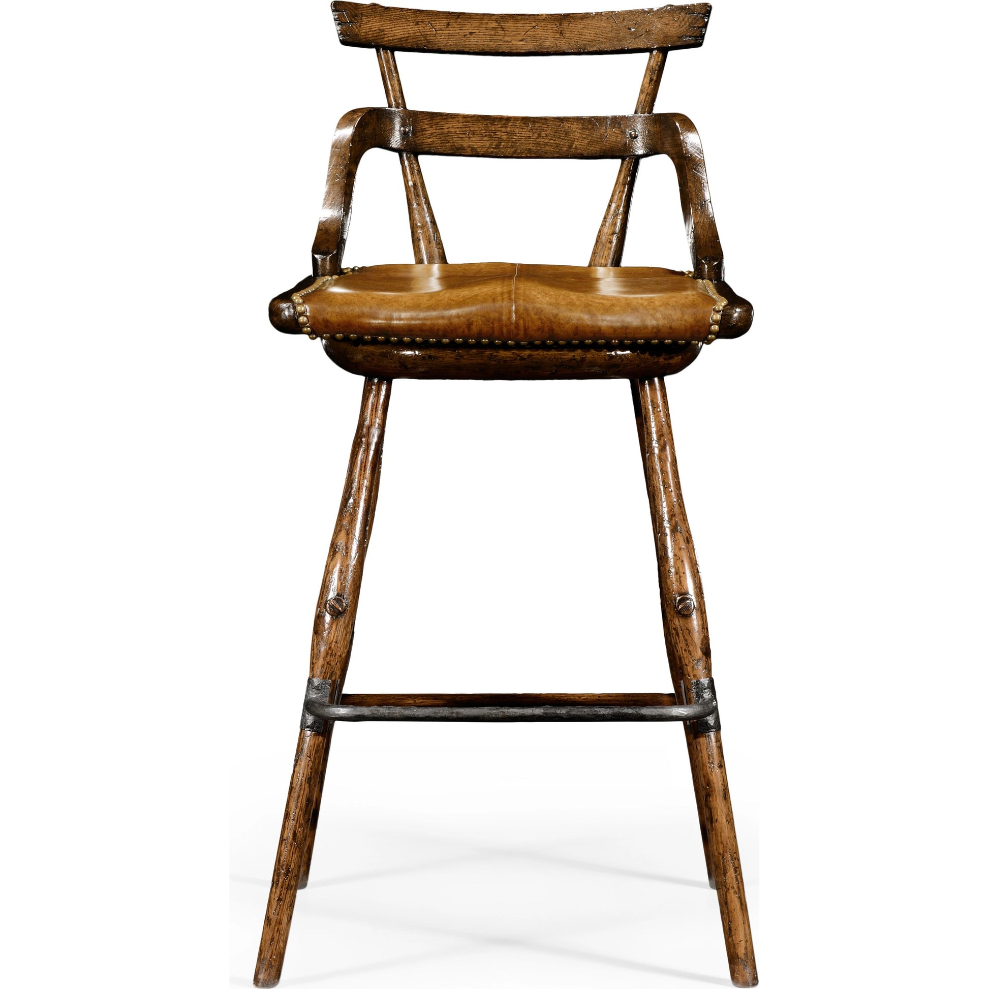 Buckingham Oak Studded Leather Barstool by Jonathan Charles in brown and dark brown tudor oak. Made from oak in a rustic style.