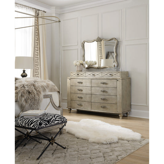Diamont Dresser by Hooker Furniture in jewel. Made from oak veneers, cedar, felt, jewelry box in a modern style.