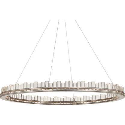 Pleiades Chandelier by Currey and Company in contemporary silver leaf, contemporary silver, clear. Made from wrought iron, seeded crystal in a modern style.
