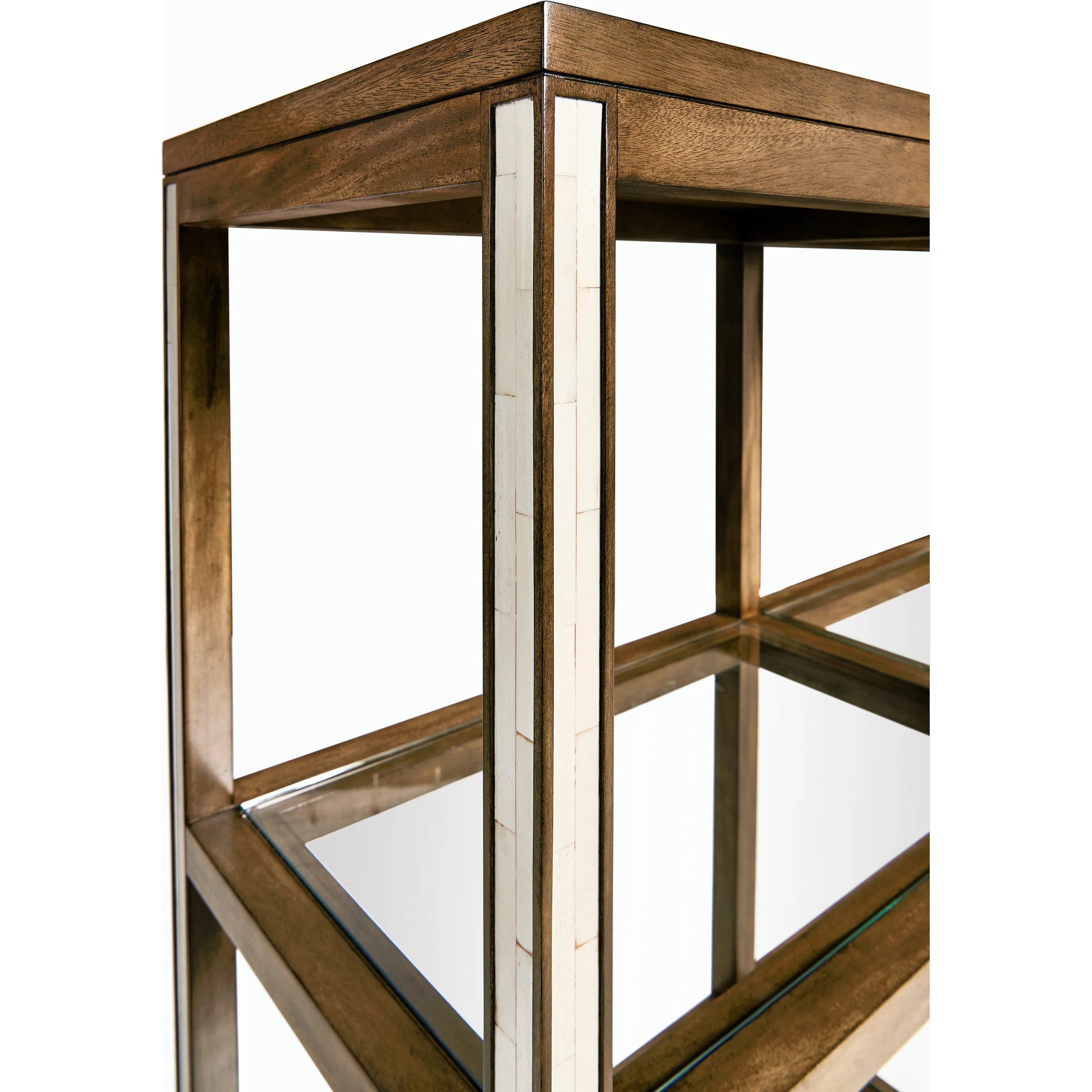 Jacques Etagere by Jonathan Charles in brown and medium brown mahogany. Made from mahogany, walnut burl veneer, faux bone in a modern style.