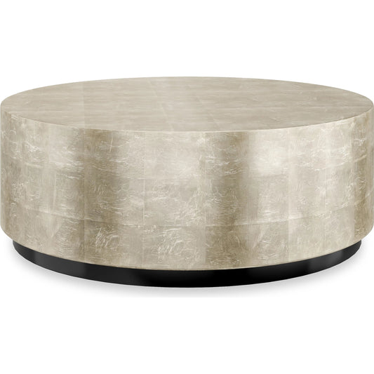 Cocktail Couture Round Cocktail Table by Caracole in taupe silver leaf, almost black. Made from asian hardwood in a unique style.