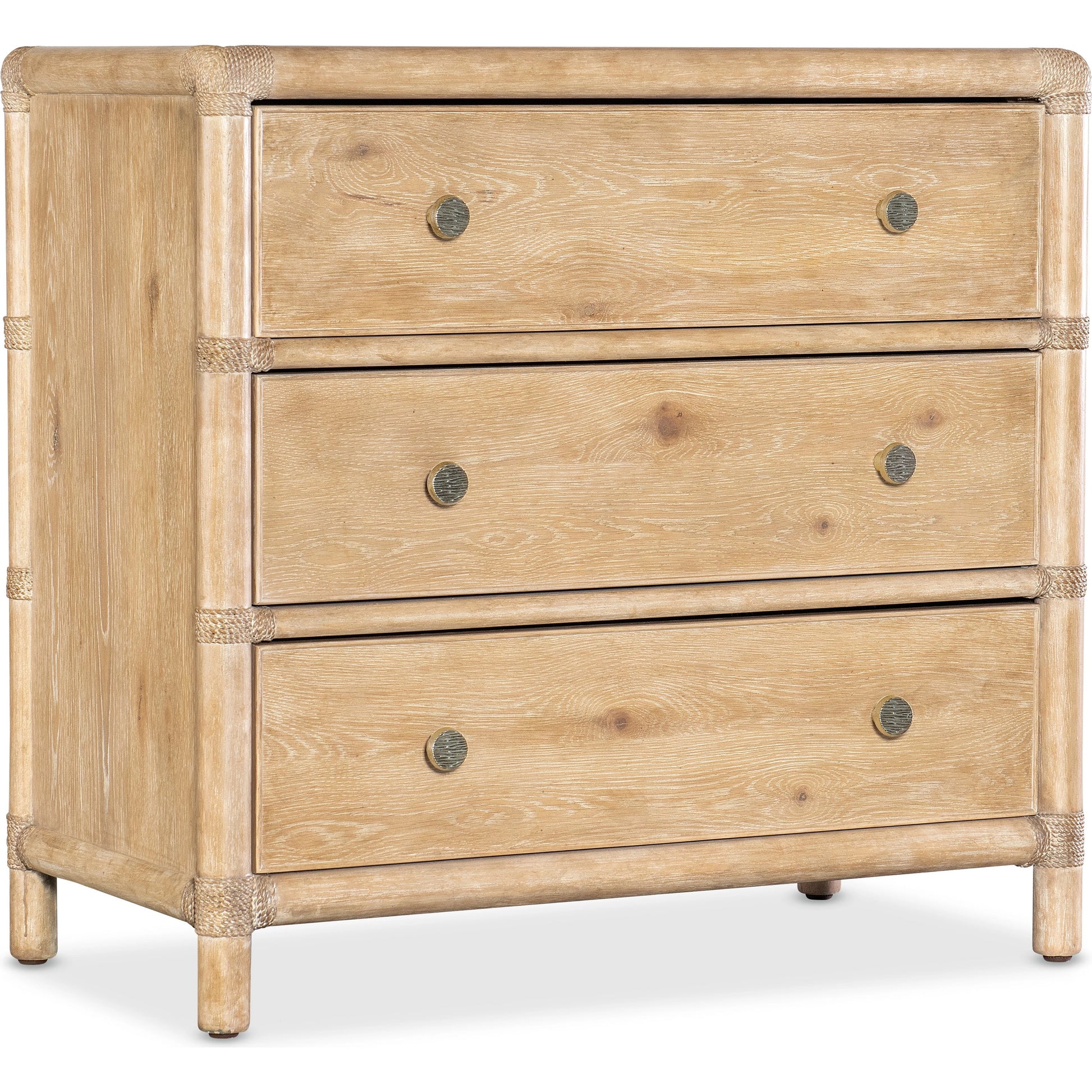 Retreat Pole Rattan Nightstand by Hooker Furniture. Made from oak, maple veneers with rope in a cottage & farmhouse style.