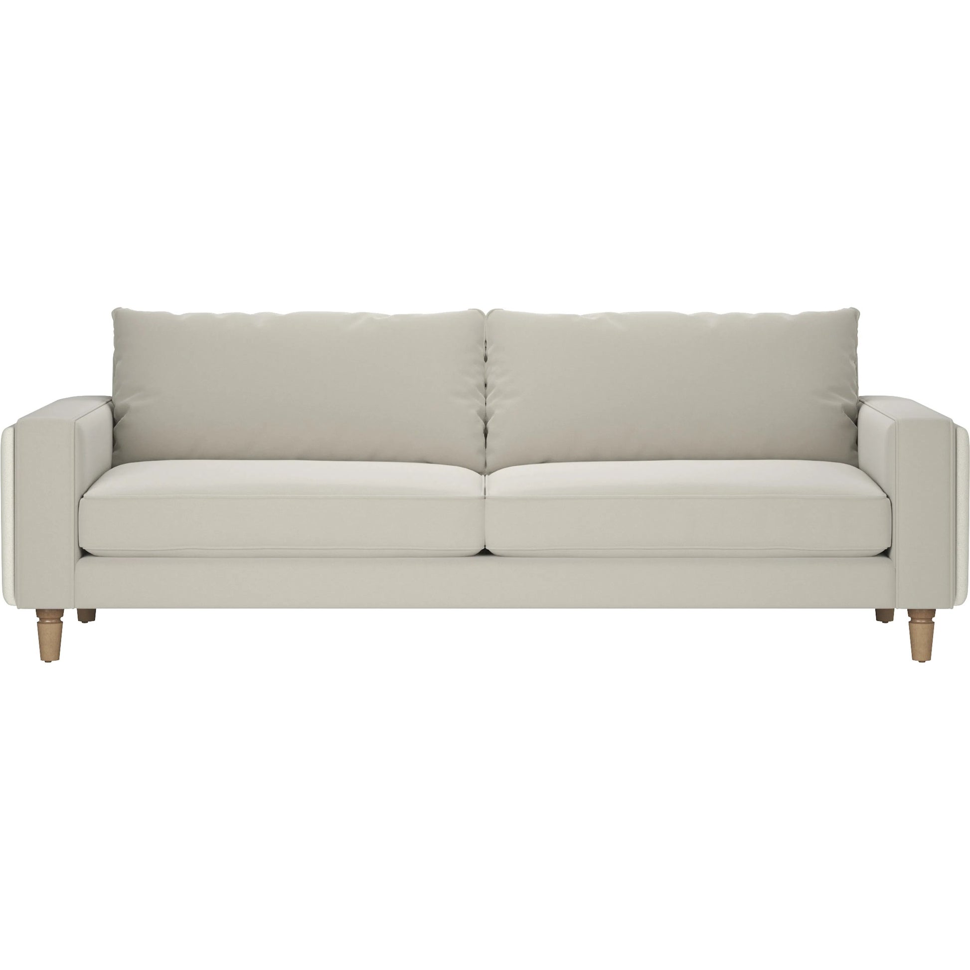 Barret Sofa by A.R.T. Furniture in beige and café au lait. Made from inside: velvet sand colored polyester fabric, outback in faux-leather parchement colored material in a traditional style.
