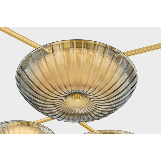 Birmingham Flush Mount by Corbett in vintage polished brass. Made from steel in a unique style.