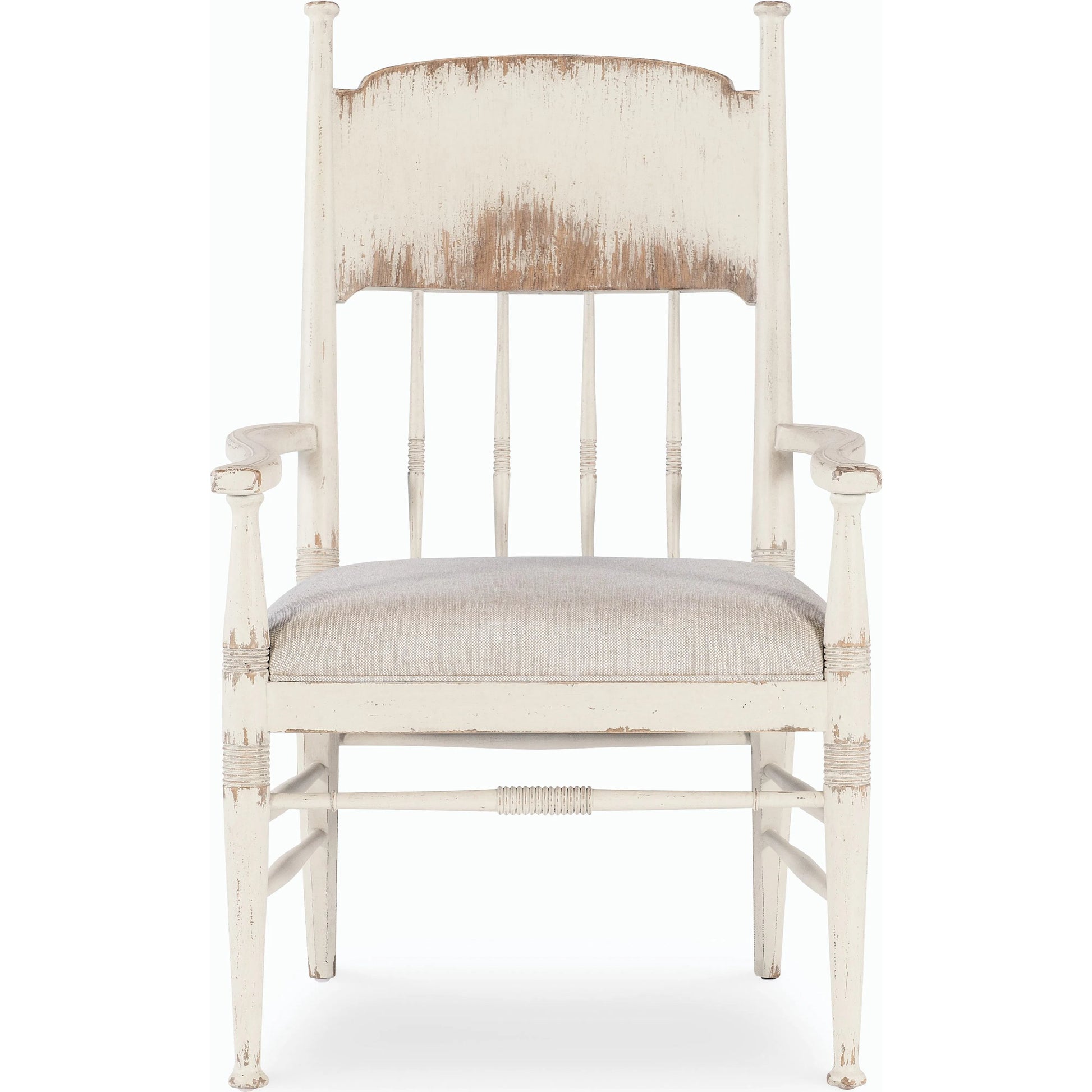 Americana Upholstered Seat Arm Chair by Hooker Furniture in beige. Made from oak veneers and fabric in a cottage & farmhouse style.