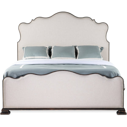 Charleston Upholstered Bed by Hooker Furniture in chateau linen and black cherry. Made from cherry veneers, fabric in a transitional style.