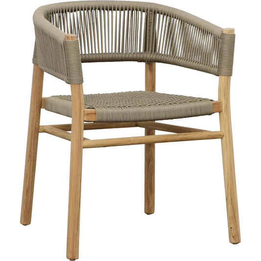 Shea Indoor/Outdoor Rope Dining Chair by Arch & Plane in natural wood finish, taupe rope. Made from teak wood with synthetic rope in a unique style.