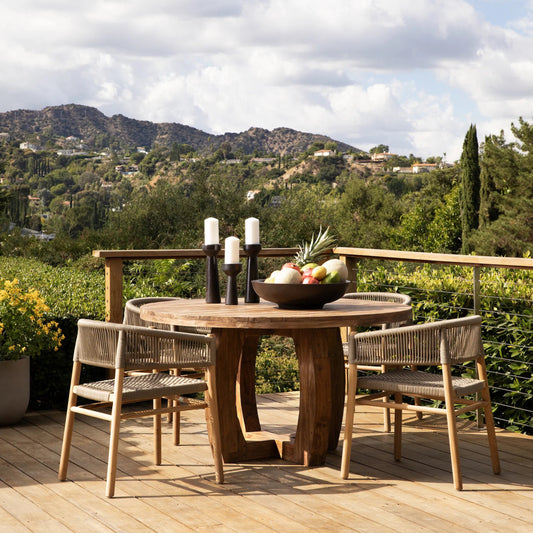Shea Indoor/Outdoor Rope Dining Chair by Arch & Plane in natural wood finish, taupe rope. Made from teak wood with synthetic rope in a unique style.