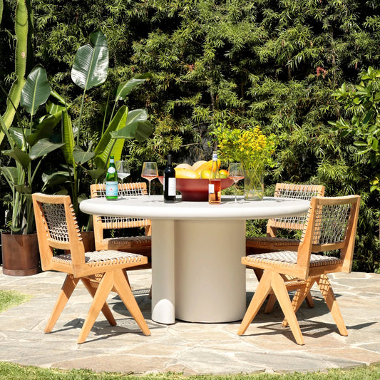Margit Dining Chair by Arch & Plane in natural wood finish frame with taupe weave. Made from teak wood frame, synthetic rattan weaving material in a unique style.