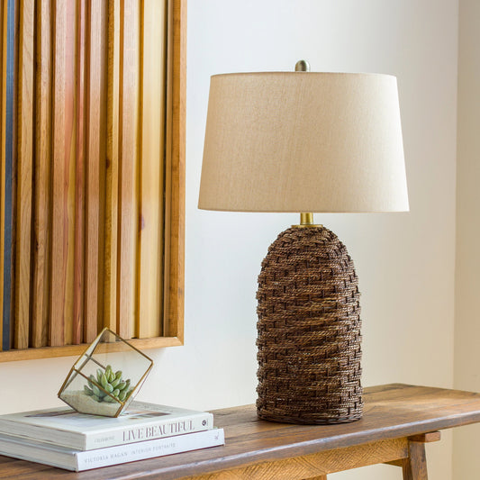 Baja - 32411 by Surya in body: brown, shade (outside): beige, shade (inside): white, finial: black, harp: metallic - nickel, cord: black and naturalpainted. Made from shade (outside): linen, shade (inside): polyester, body: pap