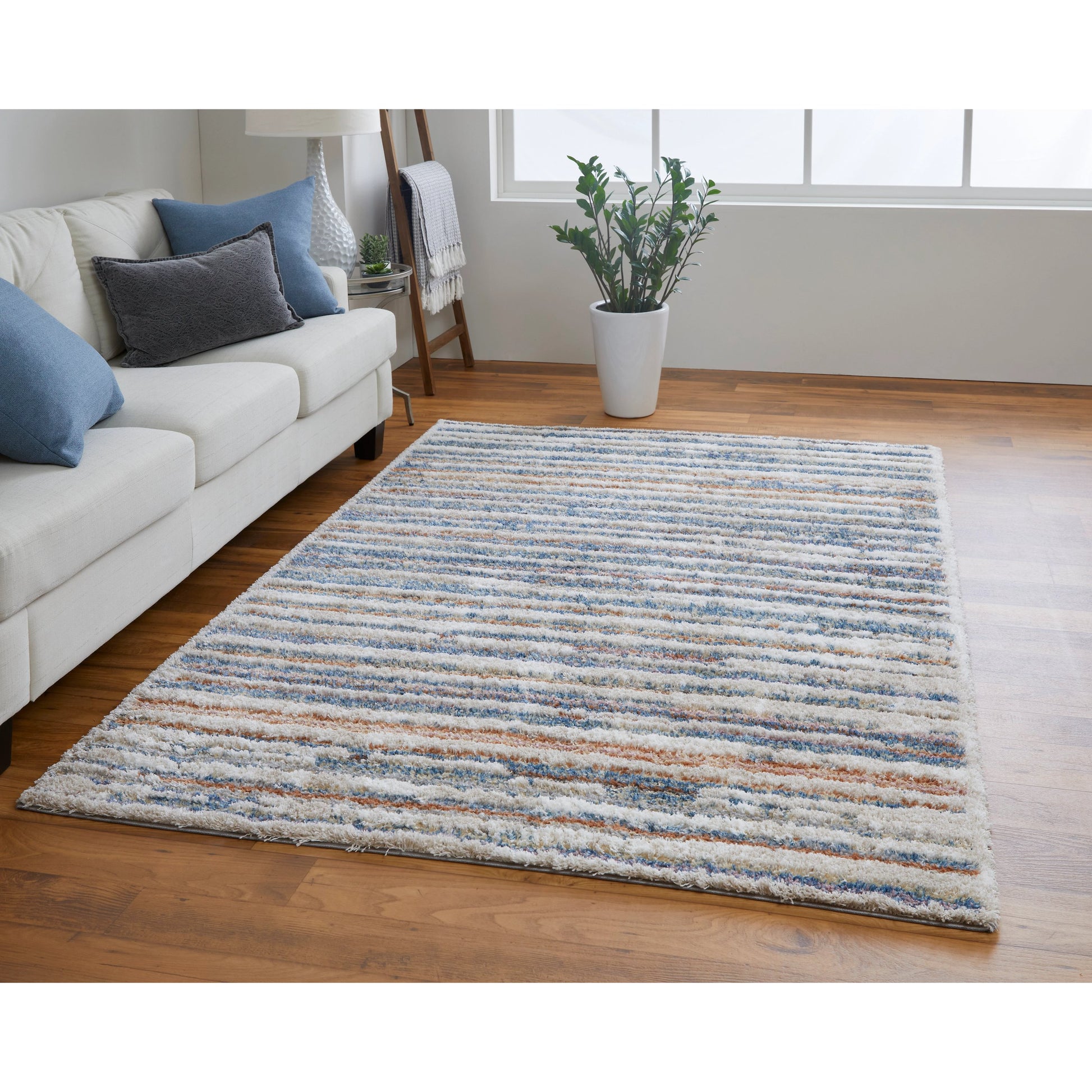 Mynka Transitional Stripes Rug - 39IEF by Feizy in ivory, blue, orange. Made from polyester in a unique style.
