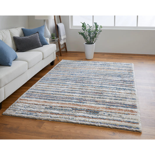 Mynka Transitional Stripes Rug - 39IEF by Feizy in ivory, blue, orange. Made from polyester in a unique style.