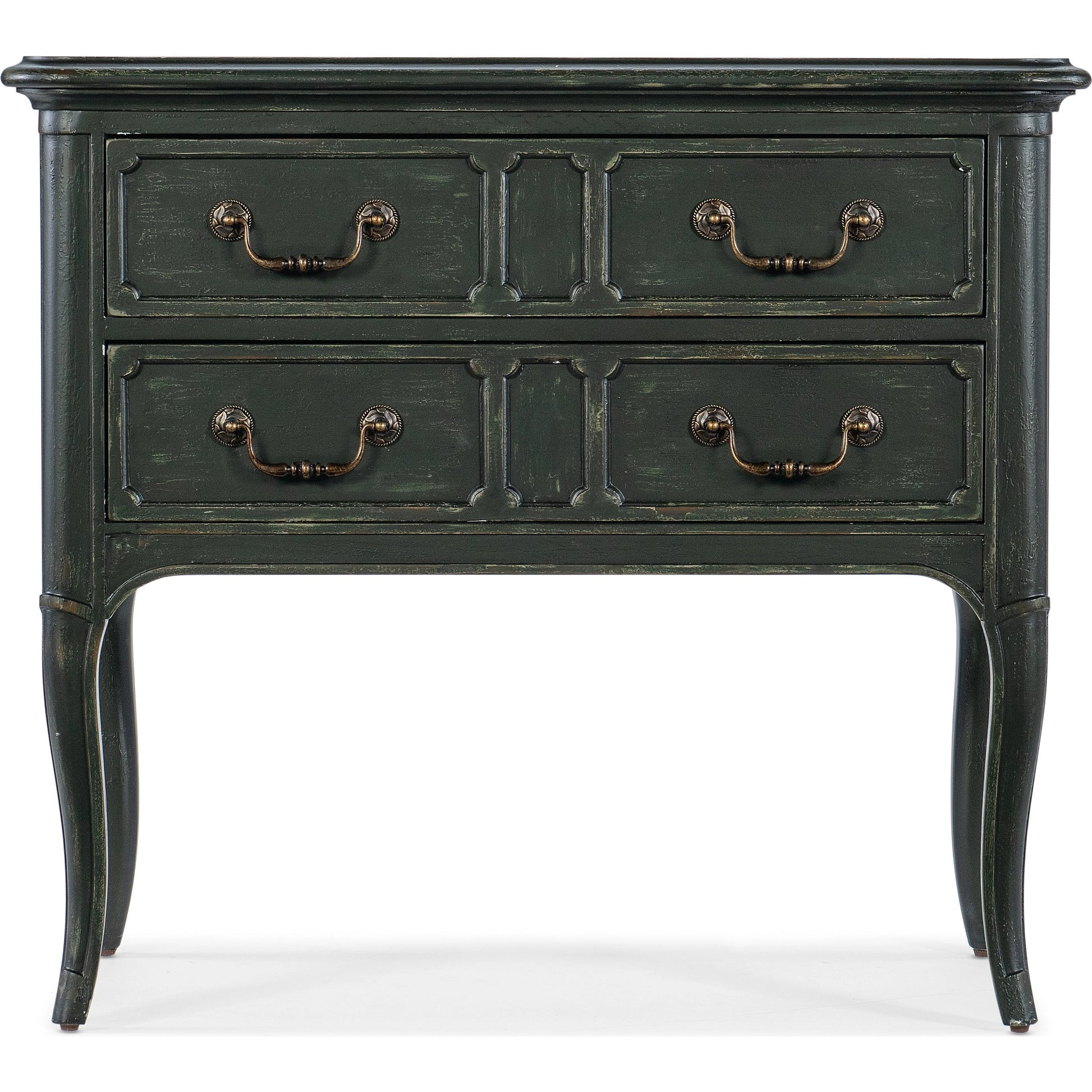Charleston Two-Drawer Nightstand by Hooker Furniture in black cherry. Made from cherry veneers with solid-wood edge top in a transitional style.