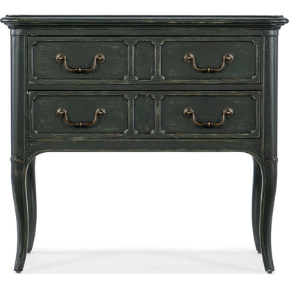Charleston Two-Drawer Nightstand by Hooker Furniture in black cherry. Made from cherry veneers with solid-wood edge top in a transitional style.