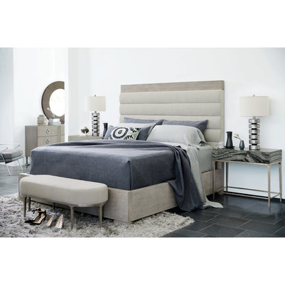 Linea Upholstered Channel Bed by Bernhardt in cerused greige. Made from white oak veneers, fabric in a unique style.