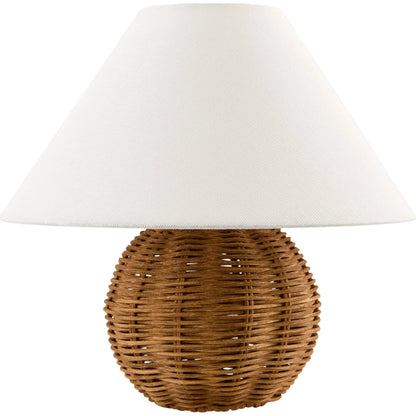 Bajo Rattan Accent Table Lamp by Livabliss in brown and painted. Made from rattan, linen, polyester in a unique style.