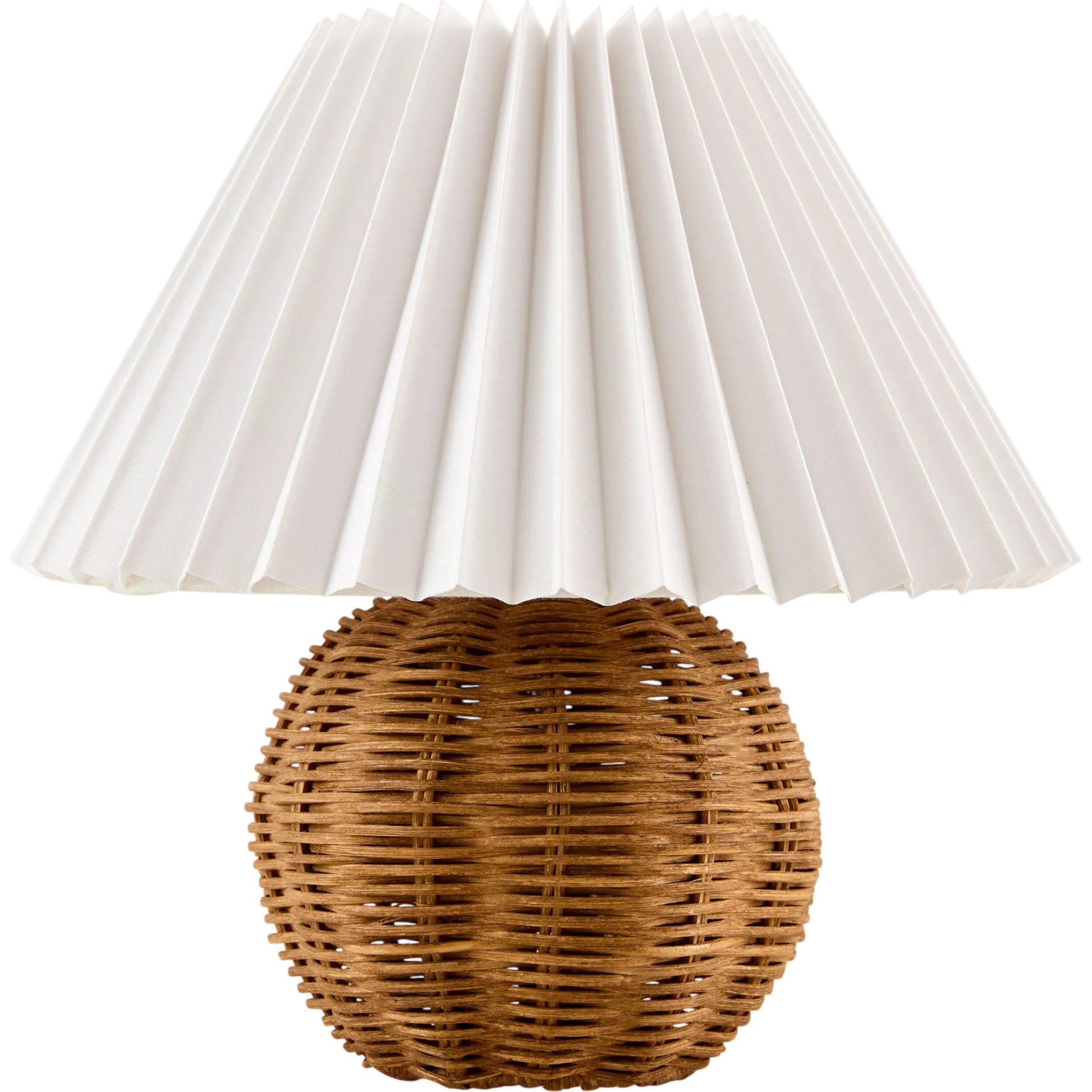 Bajo Rattan Pleated Accent Table Lamp by Livabliss in brown and painted. Made from rattan, linen, polyester in a unique style.