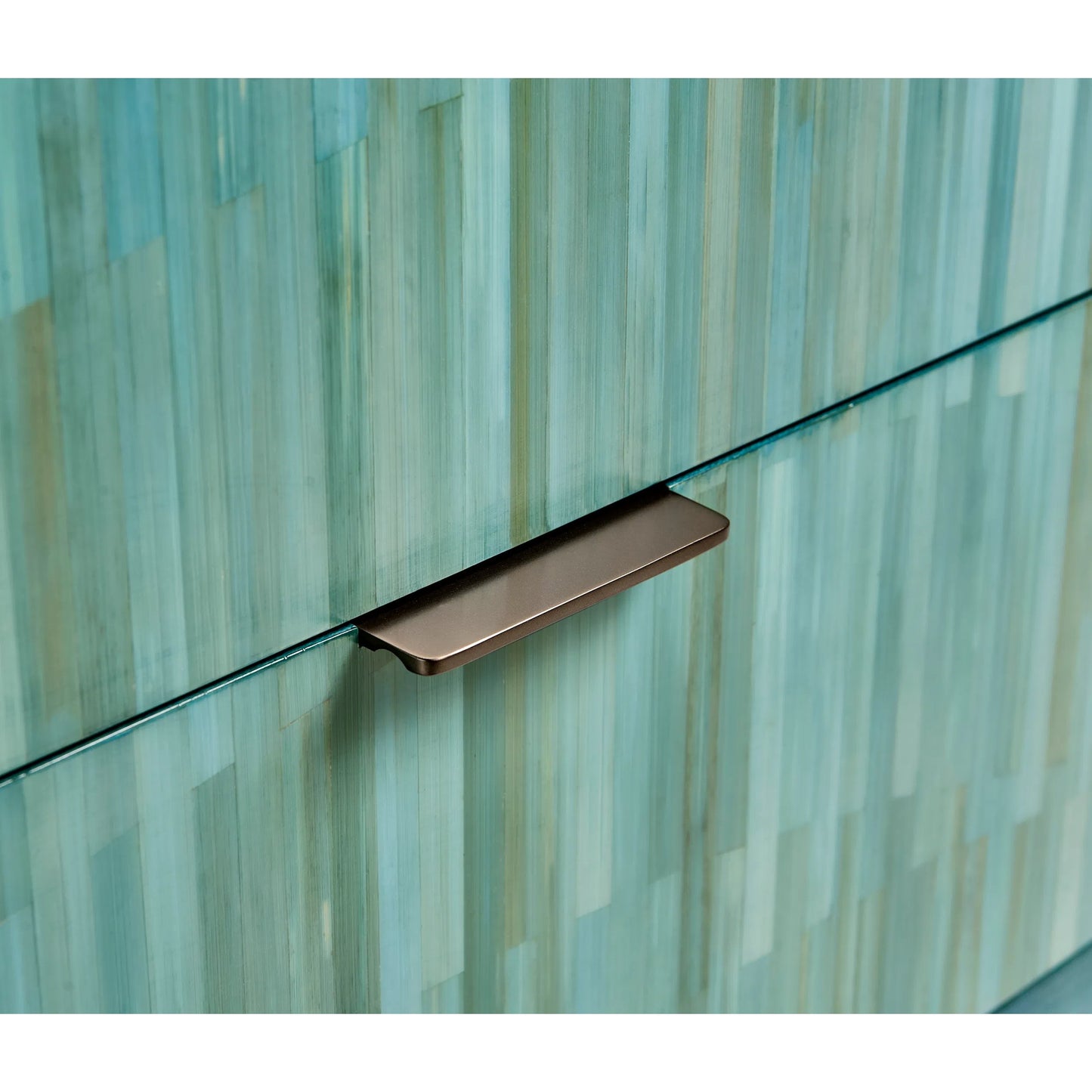 007 SI-2252660 | Closeup | Seaglass Bunching Chest by Jonathan Charles in blue and blue straw. Made from koto veneer, stainless steel, straw in a eclectic & global style.