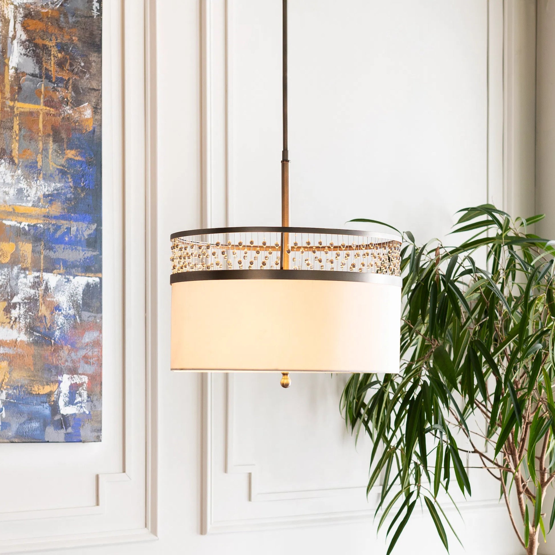 Bijou Ceiling Light - 23184 by Surya. Made from linen, polyester, crystal, steel, metal in a transitional style.