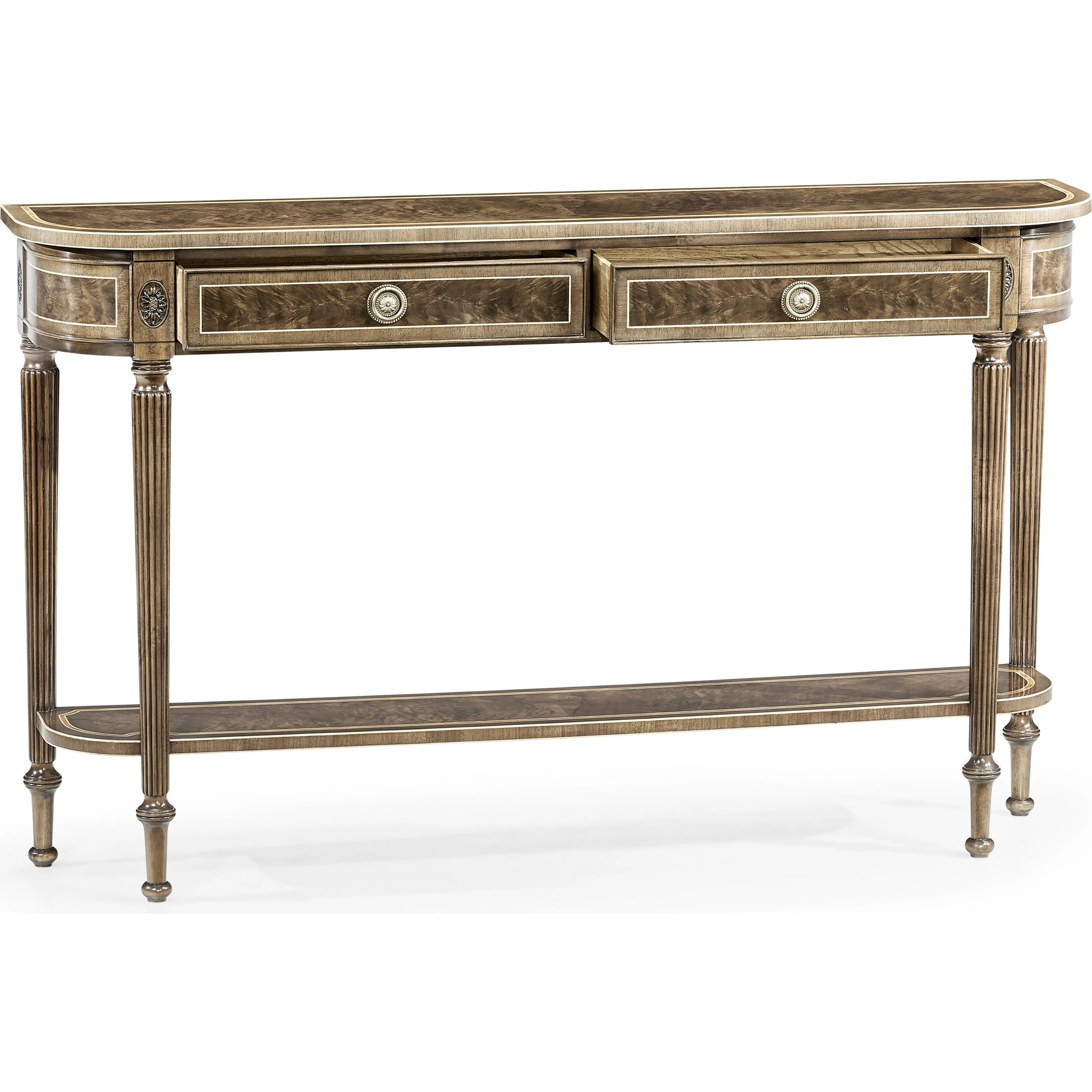 Buckingham Classic Regency Style Bleached Mahogany Console Table by Jonathan Charles in brown and bleached mahogany. Made from acacia in a traditional style.