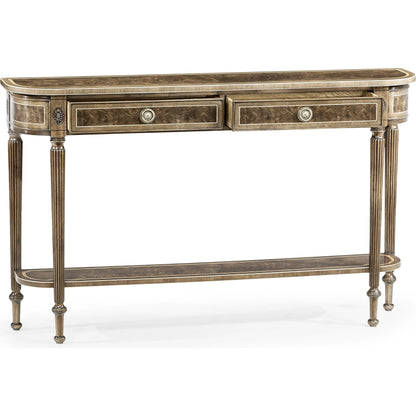 Buckingham Classic Regency Style Bleached Mahogany Console Table by Jonathan Charles in brown and bleached mahogany. Made from acacia in a traditional style.