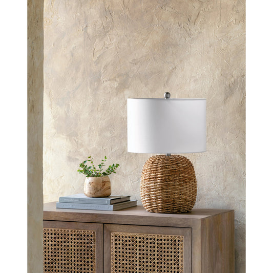 Beke Table Lamp - 524599 by Surya in body: wheat, metallic - nickel, shade: white, finial: metallic - nickel, harp: metallic - nickel, cord: translucent and naturalplatedplated. Made from rattan, metal, cotton in a cottage & fa