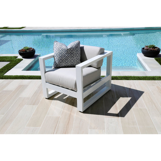 Newport Outdoor Club Chair by Sunset West in frost. Made from aluminum in a modern style.