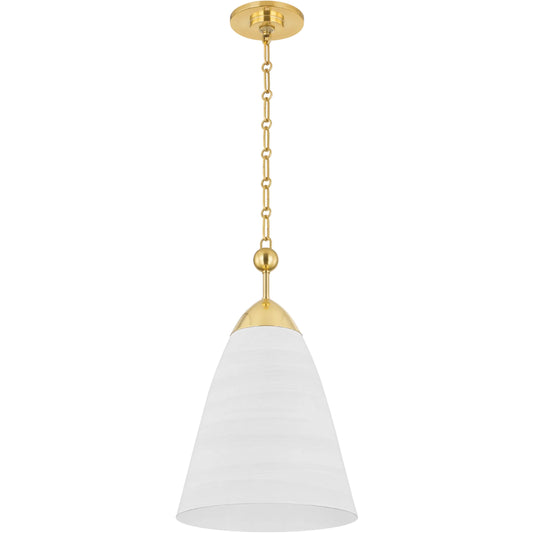 Bronson Pendant by Hudson Valley in aged brass, white plaster. Made from aluminum in a unique style.