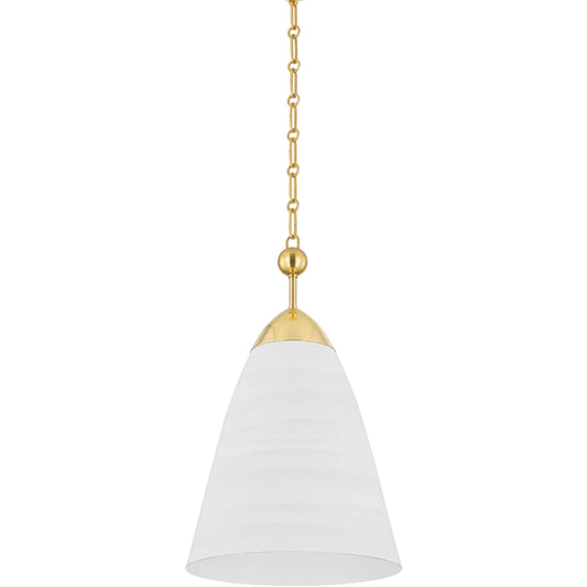 Bronson Pendant by Hudson Valley in aged brass, white plaster. Made from aluminum in a transitional style.