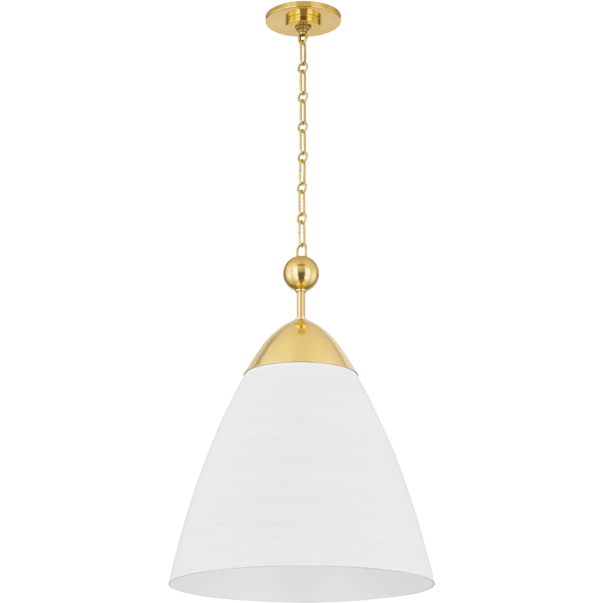 Bronson Pendant by Hudson Valley in aged brass, white plaster. Made from aluminum in a transitional style.